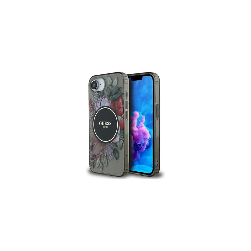 Original Case GUESS IML Flowers MagSafe for Iphone 16e black
