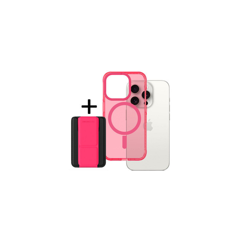 Amazing Thing Titan Pro Neon Mag Wallet Case 10FT IP156.1PTWPN for Iphone 15 Pro pink with stand