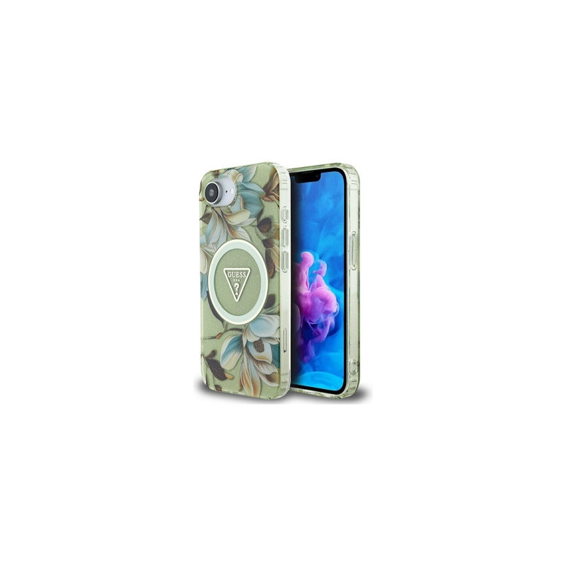 Original Case GUESS IML Metal Glitter Flowers Triangle MagSafe for Iphone 16e green